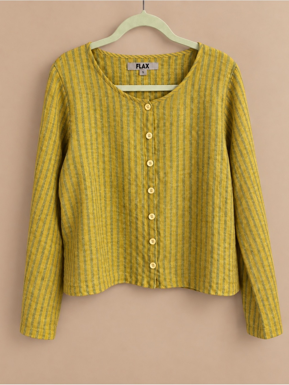 FLAX 100% Linen Striped Yellow and Green Button-Down Top